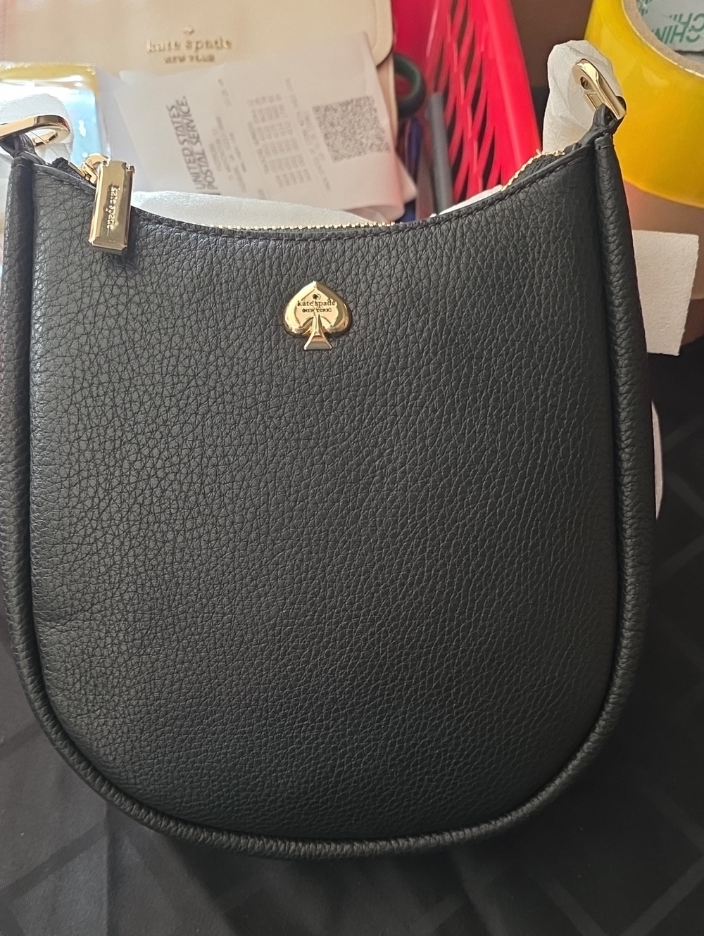kate spade Black Pebbled Leather Crescent Crossbody with Gold Spade Logo